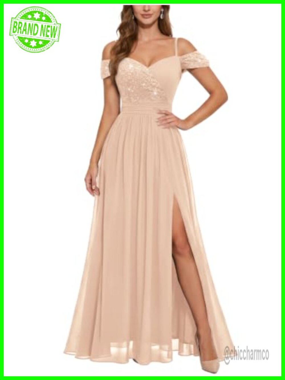 Off Shoulder Lace Sequin A-Line Maxi Dress Formal Wedding Guest